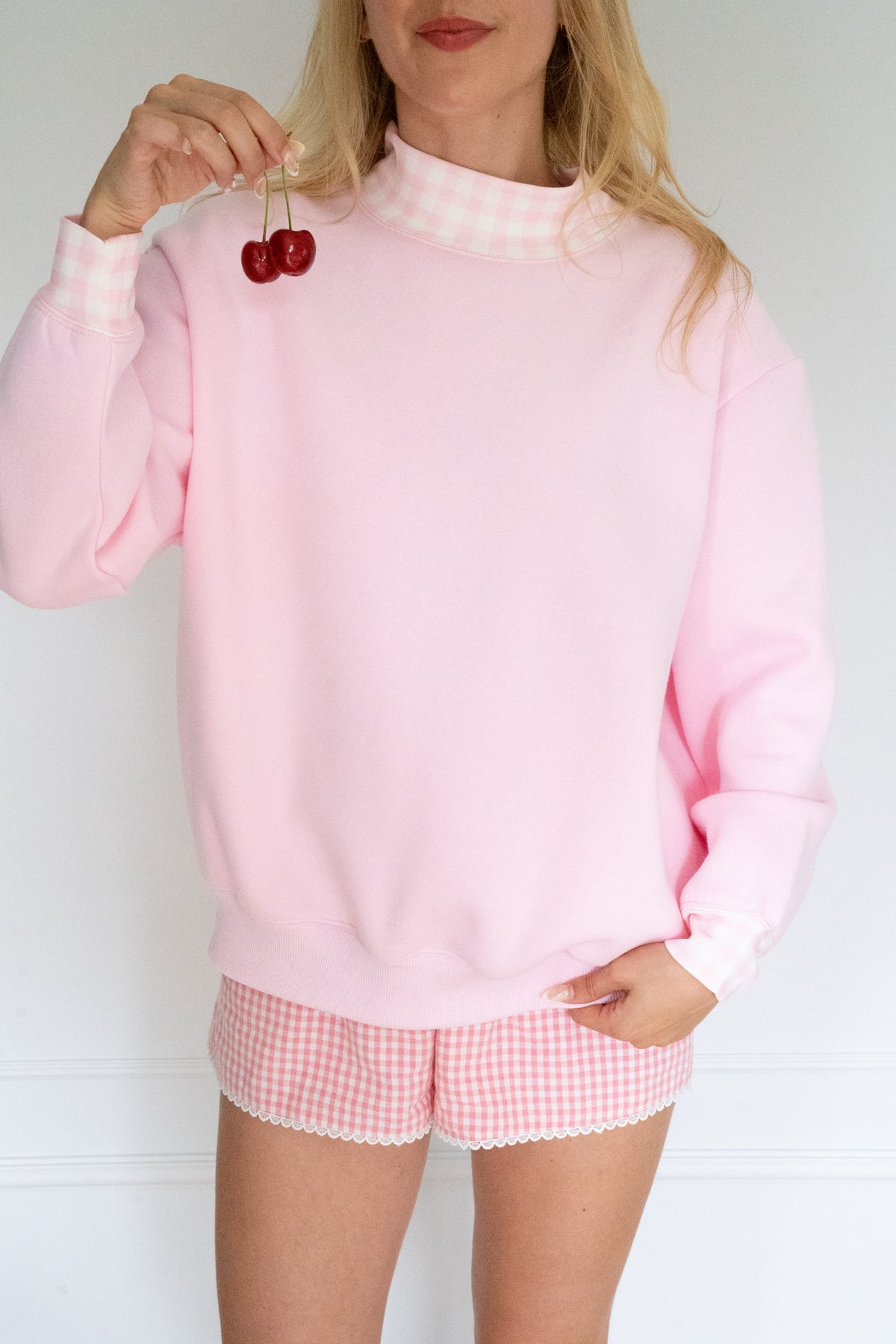 Sweetheart Pink Gingham Mockneck, Relaxed Fit