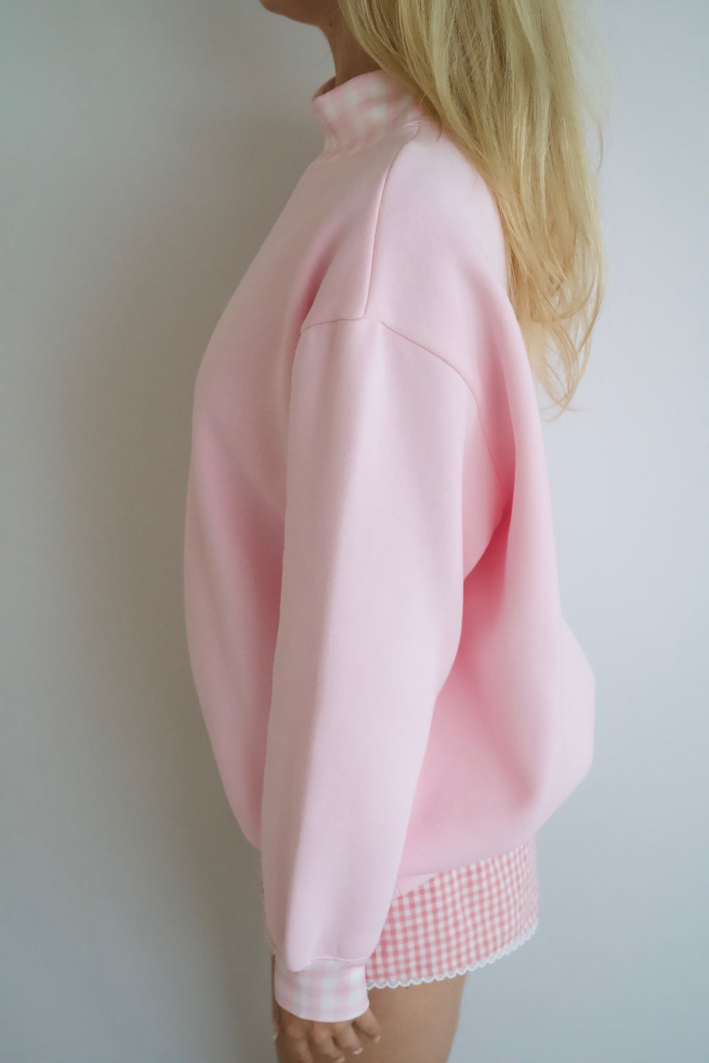 Sweetheart Pink Gingham Mockneck, Relaxed Fit