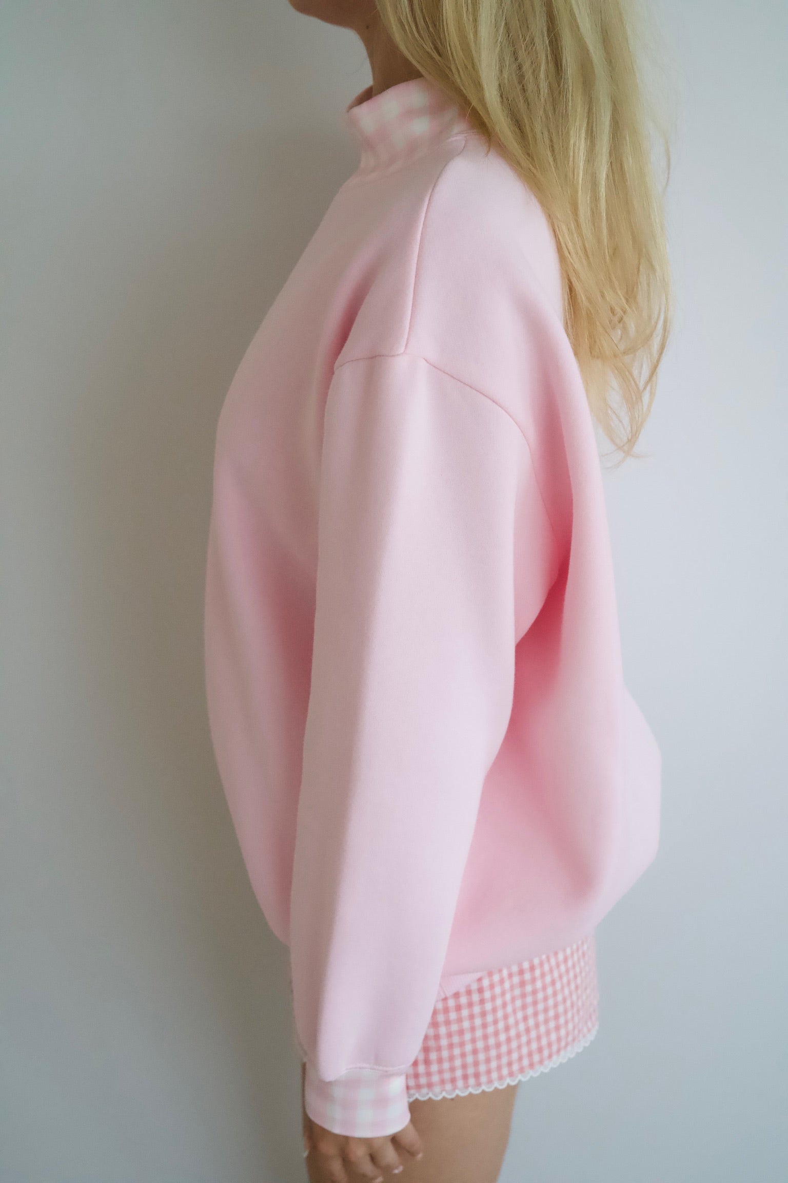 Sweetheart Pink Gingham Mockneck, Relaxed Fit