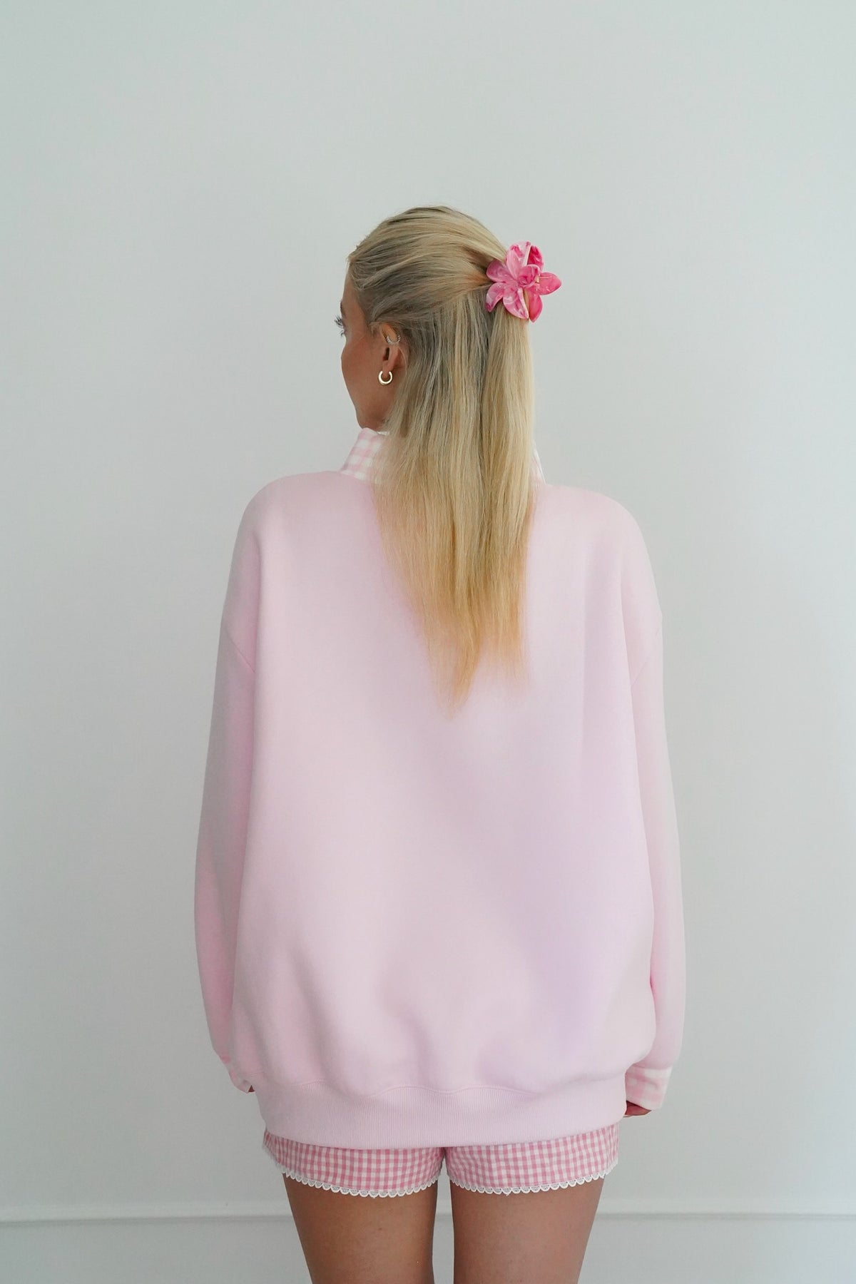 Sweetheart Pink Gingham Mockneck, Relaxed Fit
