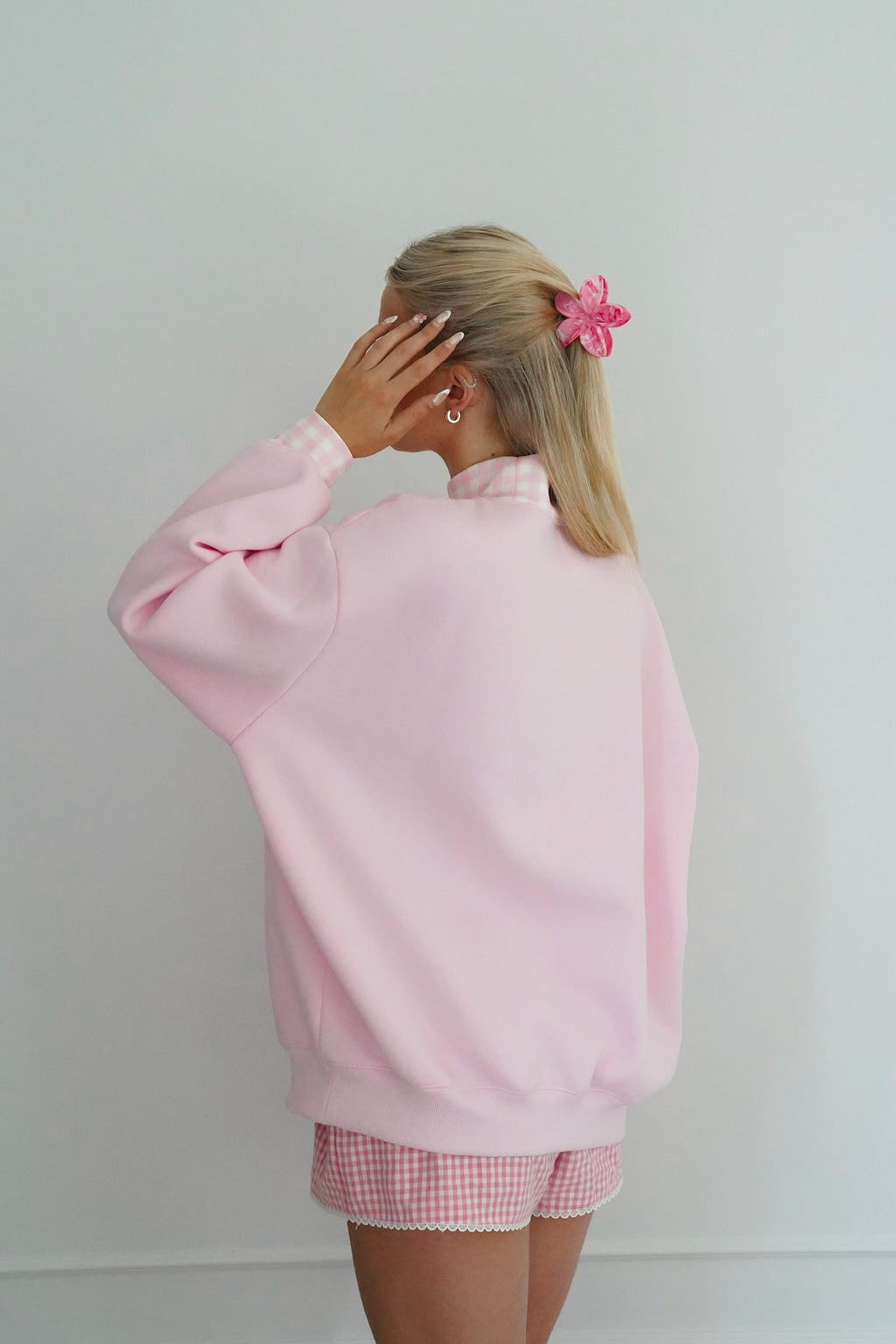 Sweetheart Pink Gingham Mockneck, Relaxed Fit