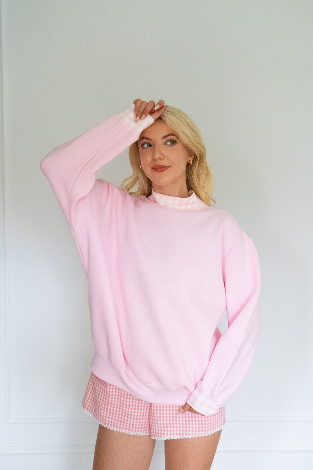 Sweetheart Pink Gingham Mockneck, Relaxed Fit