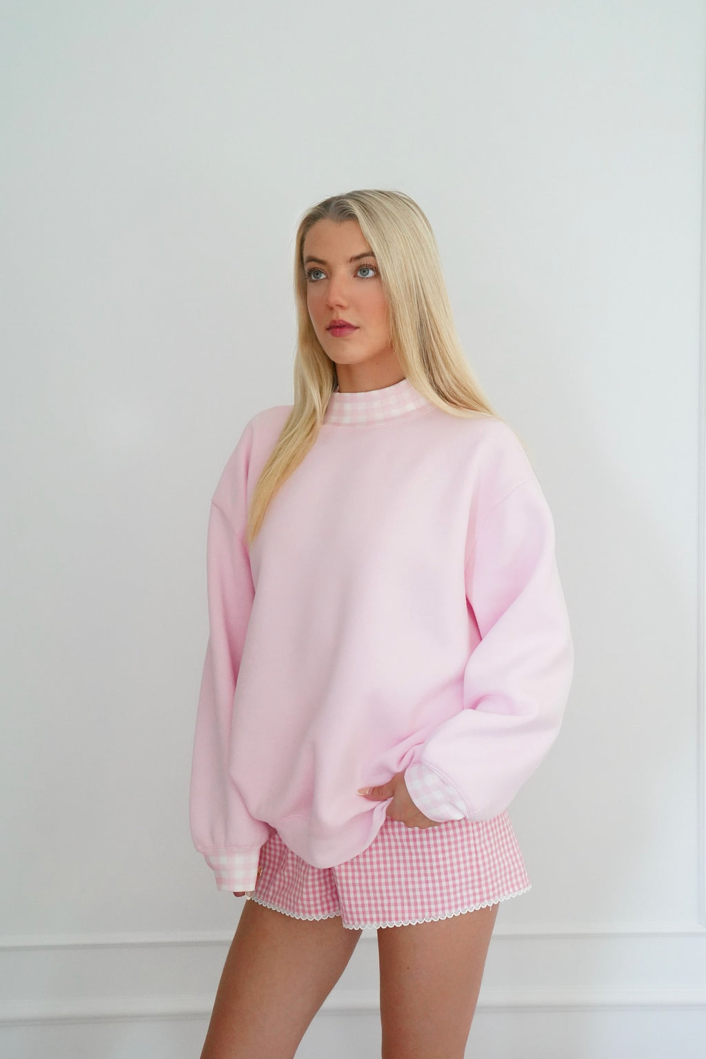 Sweetheart Pink Gingham Mockneck, Relaxed Fit