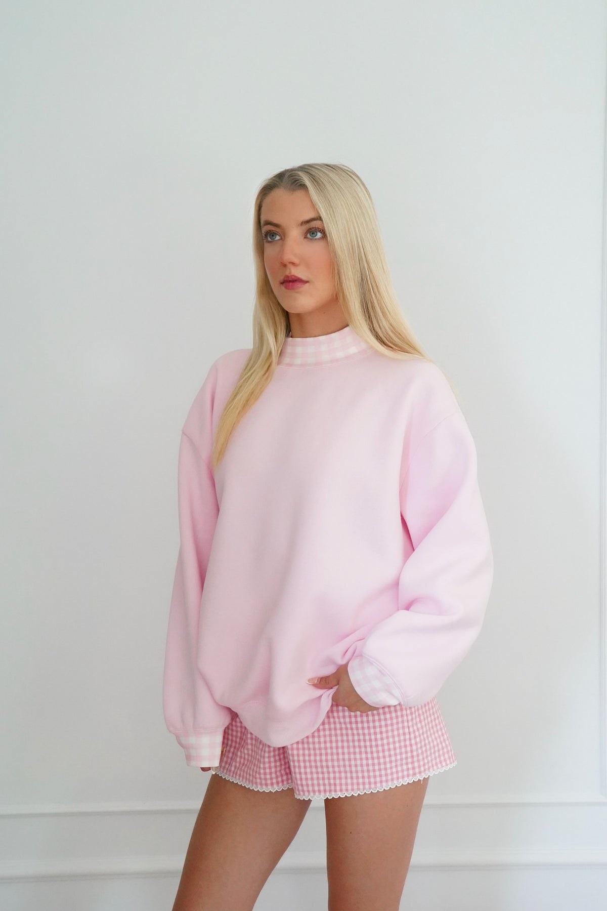 Sweetheart Pink Gingham Mockneck, Relaxed Fit