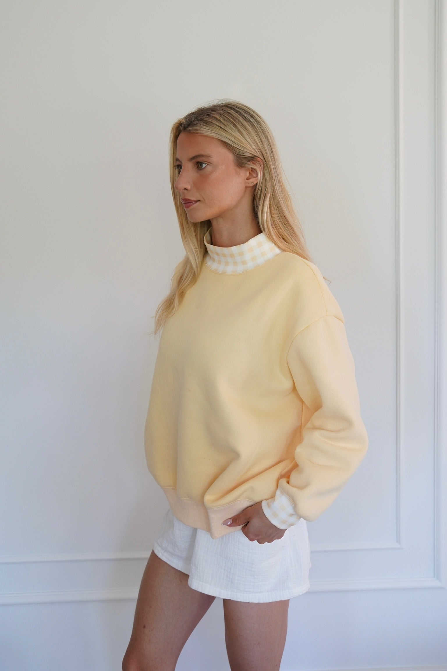 Butter Yellow Gingham Mockneck, Relaxed Fit