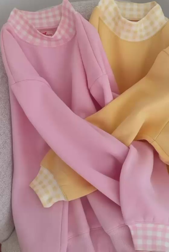 Sweetheart Pink Gingham Mockneck, Relaxed Fit
